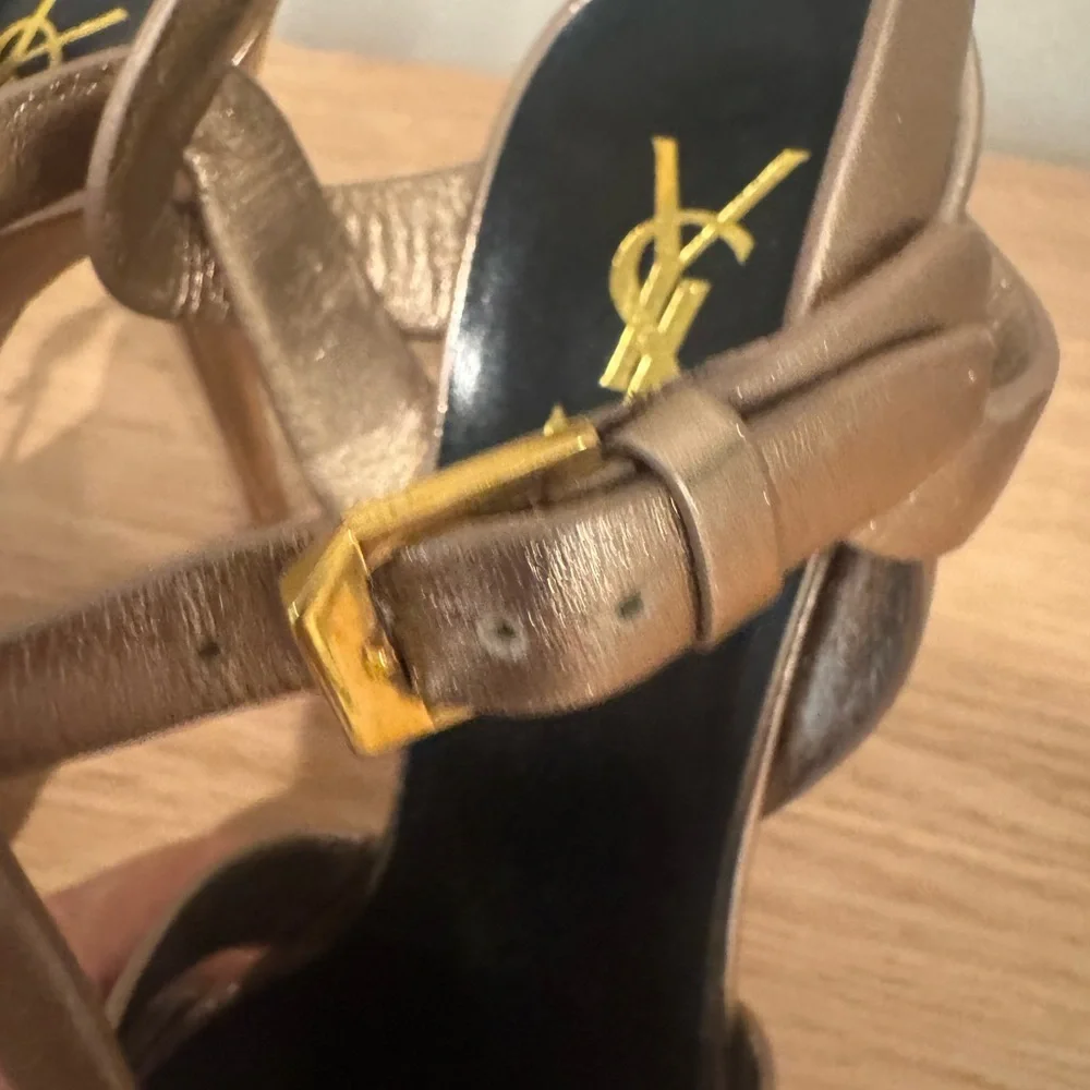 Saint Laurent Metallic Bronze Braided T-Strap Platform Sandals - Picture 9 of 16